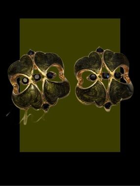 Vintage Gold & Black Enamel Earrings With Rhinestones